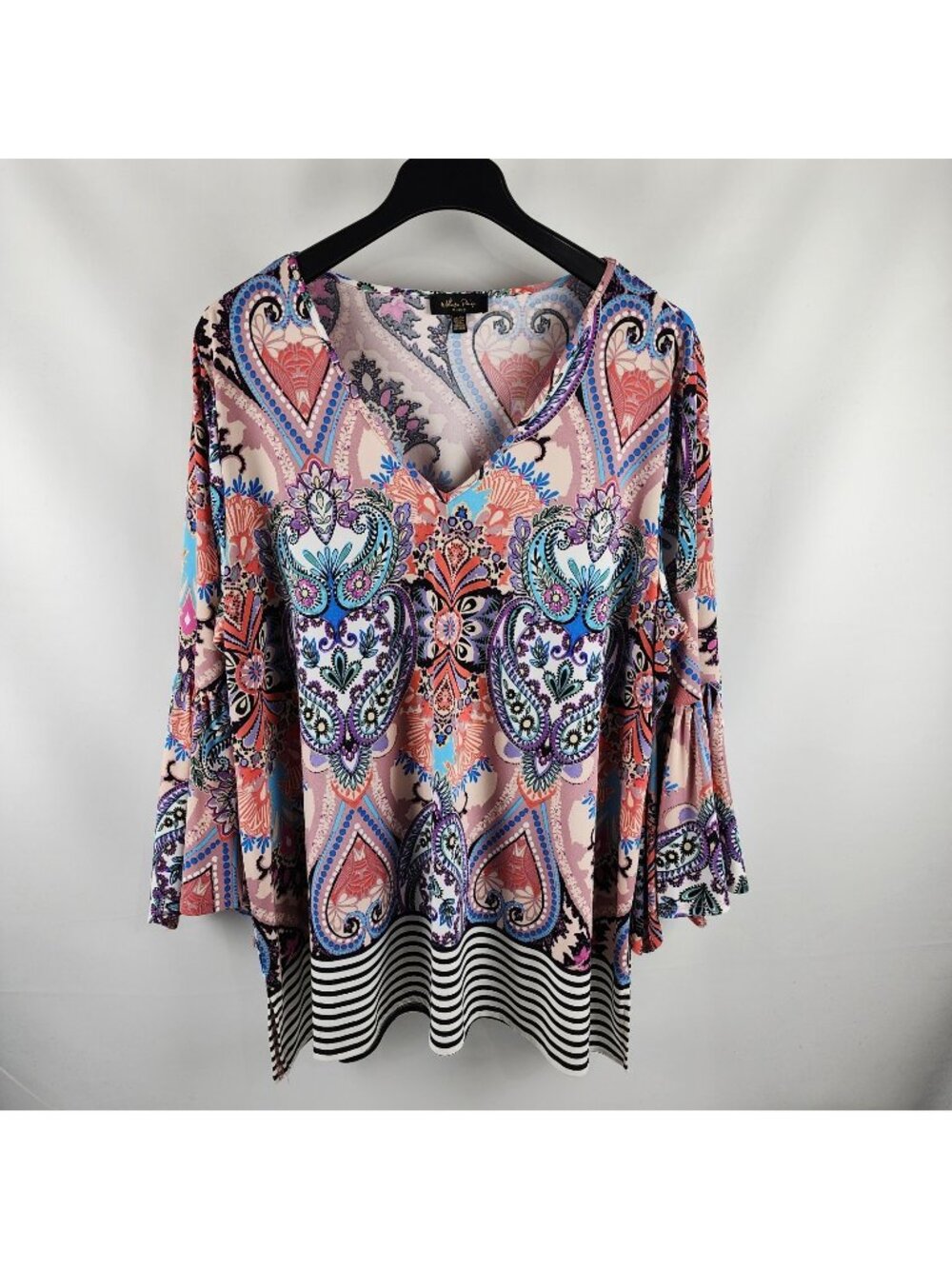 Melissa Paige Blouse Womens 3X Plus Multi Floral Paisley Split Bell Sleeve Tunic